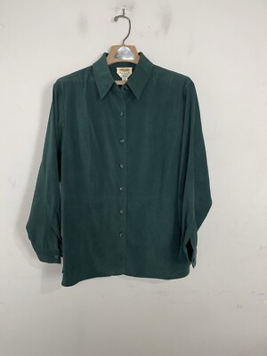 Talbots Women Shirt Large Petite Forest Green Faux Suede Button Up Holiday