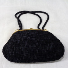 Vintage Black Pleated Satin Evening Clutch Double Rope Handles Makeup Mirror EUC