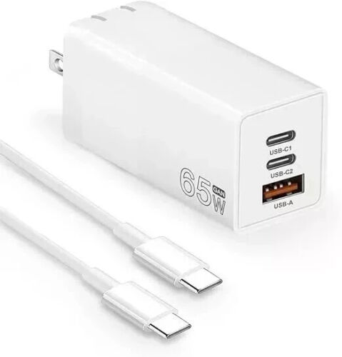 65W USB C Wall Charger GaN 3-Port Fast Compact Foldable Adapter with USB-C Cable - Picture 4 of 7