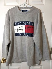 Vtg TOMMY HILFIGER Men's Sweatshirt Pullover USA Made Gray Flag Logo 90s Y2K L