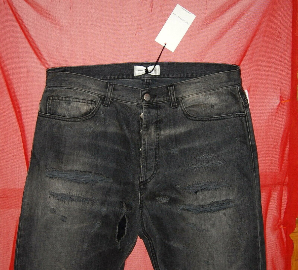 NWT FAITH CONNEXION men black destroyed denim jeans tag sz 32 - W