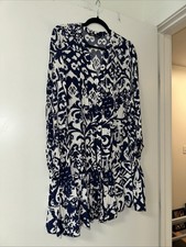Zara Navy White Print Dress Large Ruffle Bottom