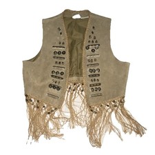 Vintage Y2K Styleworks womens Western Fringe Leather / metal charm Vest Beige L