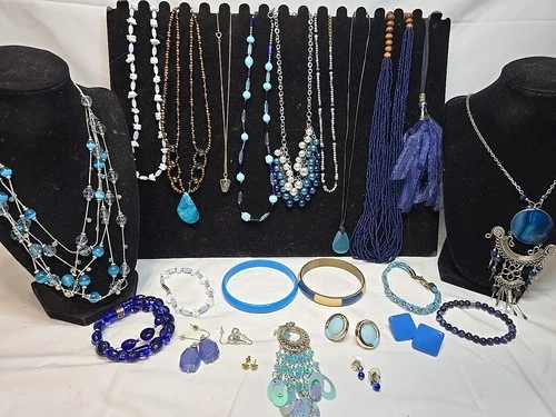 Vtg Now Blue Mixed Bulk Costume Jewelry Lot Necklaces Bracelets Earrings #980