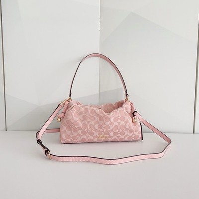 Coach Faye Shoulder Bag CER68 Signature Denim Drawstring Handbag Pink New