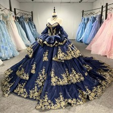 Dark Navy Tiered Quinceanera Dresses Gold Lace Applique Tulle Sweet 15 Prom Gown