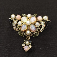 Unsigned Victorian Revival Faux Fire Opal, Pearl & Diamond Brooch