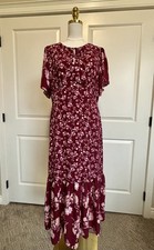 J.Crew Burgundy Floral Maxi Dress Flutter Sleeve Ruffle Hem Lined Women Size 14