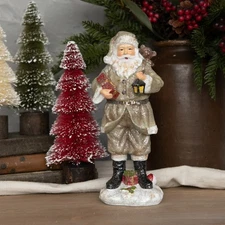 RAGON HOUSE Primitive Taupe & Glitter Santa Claus w/ Toy Bag Lantern 9.5 In