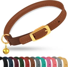 OOPSDOGGY Rolled Leather Cat Collar with Bell - Reflective Kitten Brown 