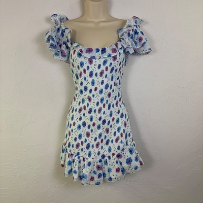 New LoveShackFancy Kodie Mini Dress M Blue Floral Ruffle Smocked Cottage Fairy