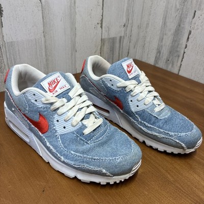 Nike Air Max 90 SE Denim Shoes DV2120 900 Blue Denim White Habanero Red Sz 10.5