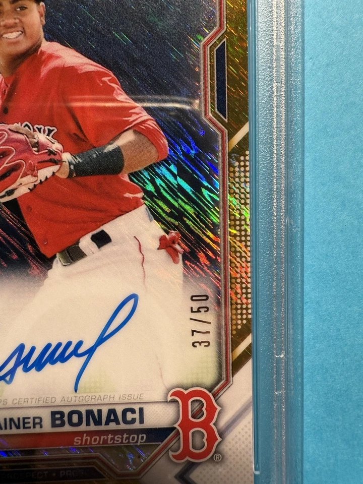 BRAINER BONACI 2021 BOWMAN CHROME GOLD SHIMMER AUTO PSA 9 37/50 Cpabb Redsox 1st - Image 2 of 3