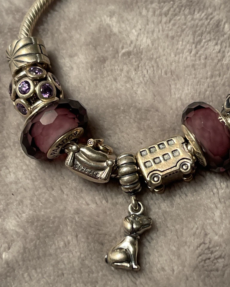 Pandora 925 Bracelet w 9 RETIRED Charms 14K Wedding Rings Tourism Bus Dog Hearts - Image 4 of 4