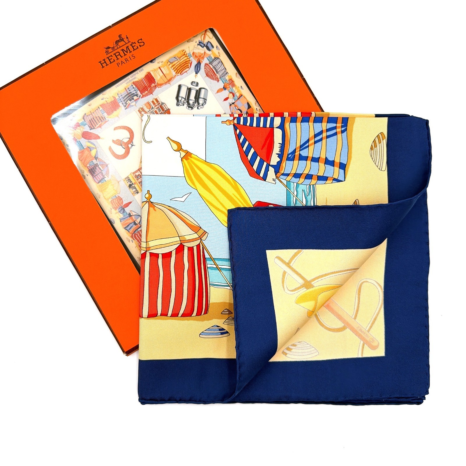 HERMES Carre 90 Charmes des Plages Normandes Silk Scarf Blue Box France Auth