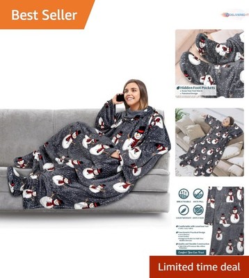 Plush Wearable Fleece Blanket with Sleeves & Foot Pockets - Cozy Gift for Adults