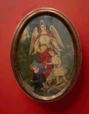 Antico quadro -stampa su carta-ritratto sacro- cornice ovale Oro Bronzata 