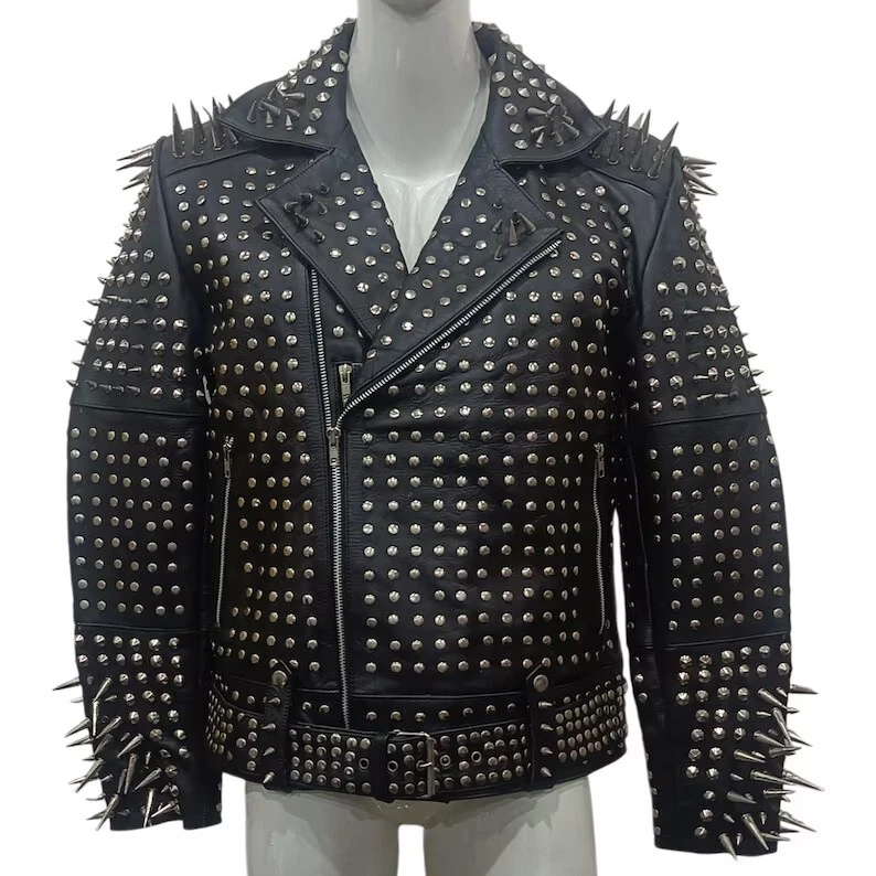 Men's Punk Studded Cowhide Leather Jacket Gothic Motorbike Spiked Leather Jacket