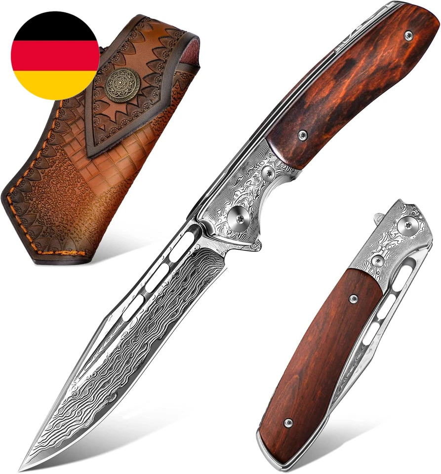 Japaknives Damast Taschenmesser Klappmesser, Hochwertiger Holzgriff, Für Outdoor