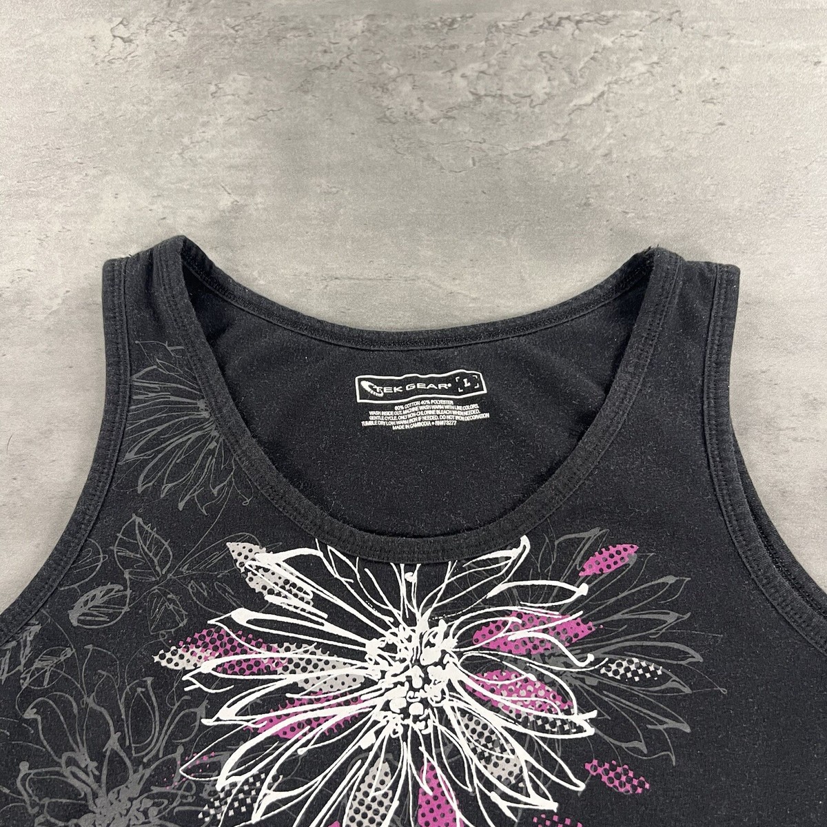 Y2K Tank Top Shirt Womens Large Black Flower Floral Purple