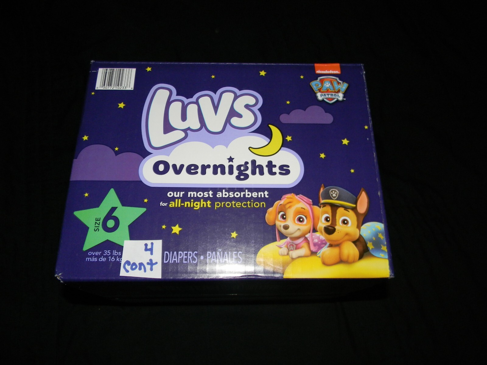 4 sample Luvs Paw Patrol overnights Size 6 over 35+Lbs.
