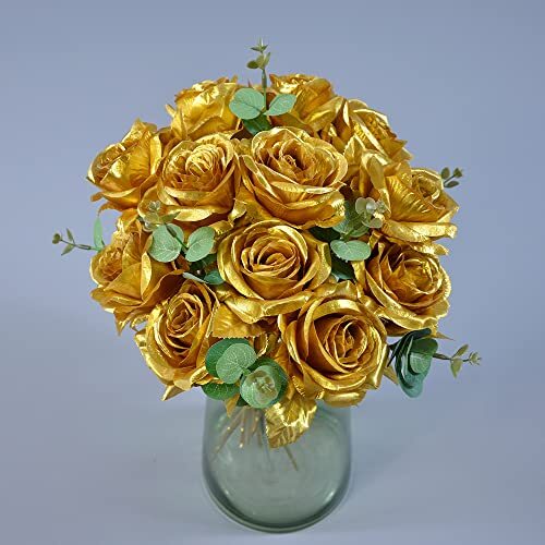 Eternal Blossom 12PCS Artificial Gold Roses Flowers,Single Fake Silk