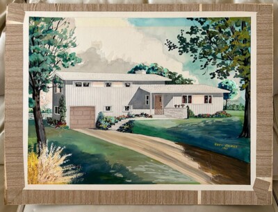 Original Mid Century Modern Architectural Rendering Drawing Watercolor House #5