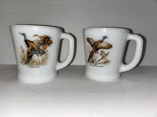 Vintage Lot of 2 Fire King Mallard Duck Design Pheasant Design Coffee Cups