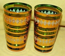 GREEN GLASS GOLD FOIL ETCHED JUICE SET 2 MADE IN KOREA STRIPE BARWARE EMERALD.