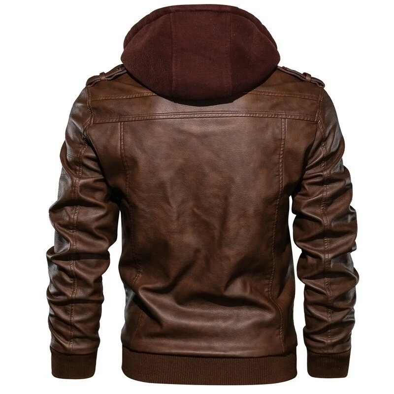Mens Leather Jacket Punk Bomber Jacket Remove Hood Waterproof Motorbike Jacket. - Image 4 of 4