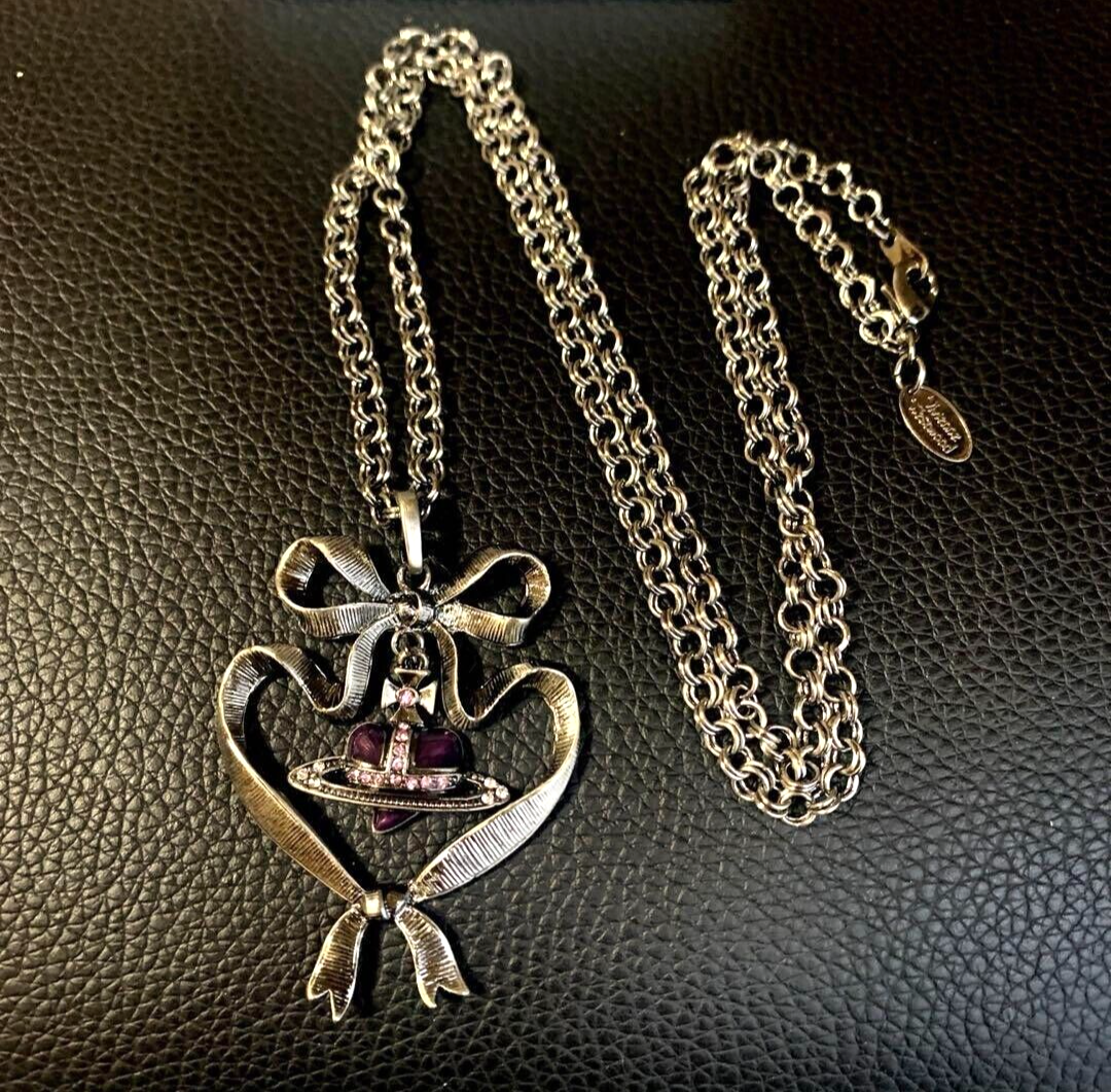Vivienne Westwood Ribbon Heart Orb Necklace Gunmetal Black