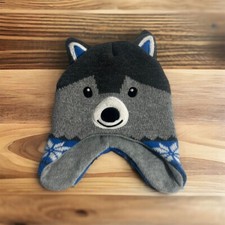 Husky Wolf Knit Beanie Gray and Blue Beanie toddler kids 2T - 5T