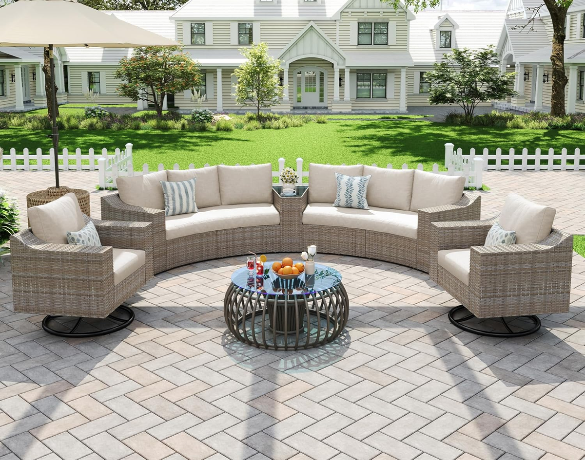 9-Piece Wicker Patio Furniture Set with Swivel Rocking Chairs