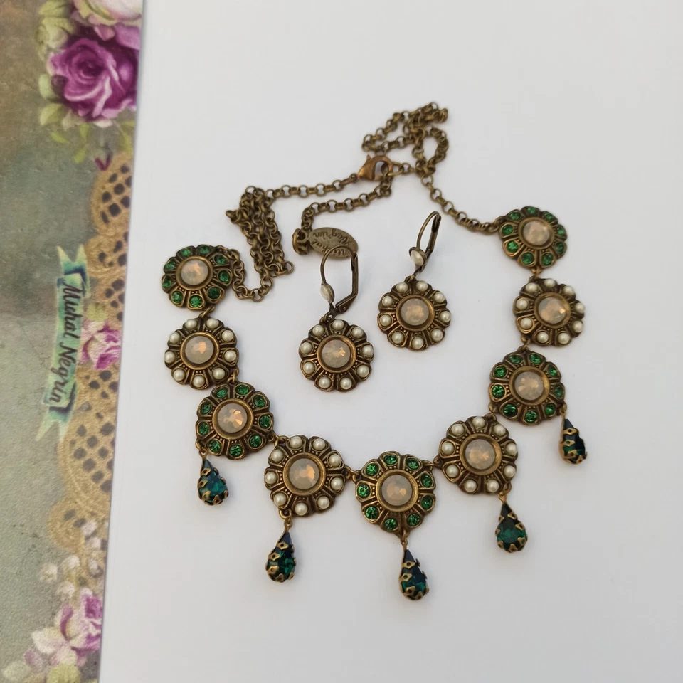 Michal Negrin Set Green With White Swarovski Crystals Earrings Necklace Royal - Image 2 of 4