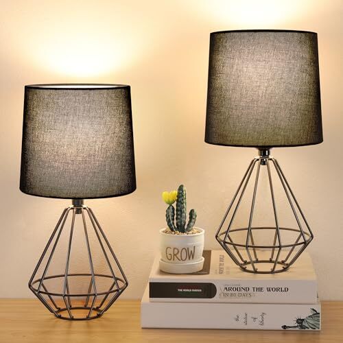 Set of Bedside Table Lamp, Black Metal Count (Pack of 1) Black Black