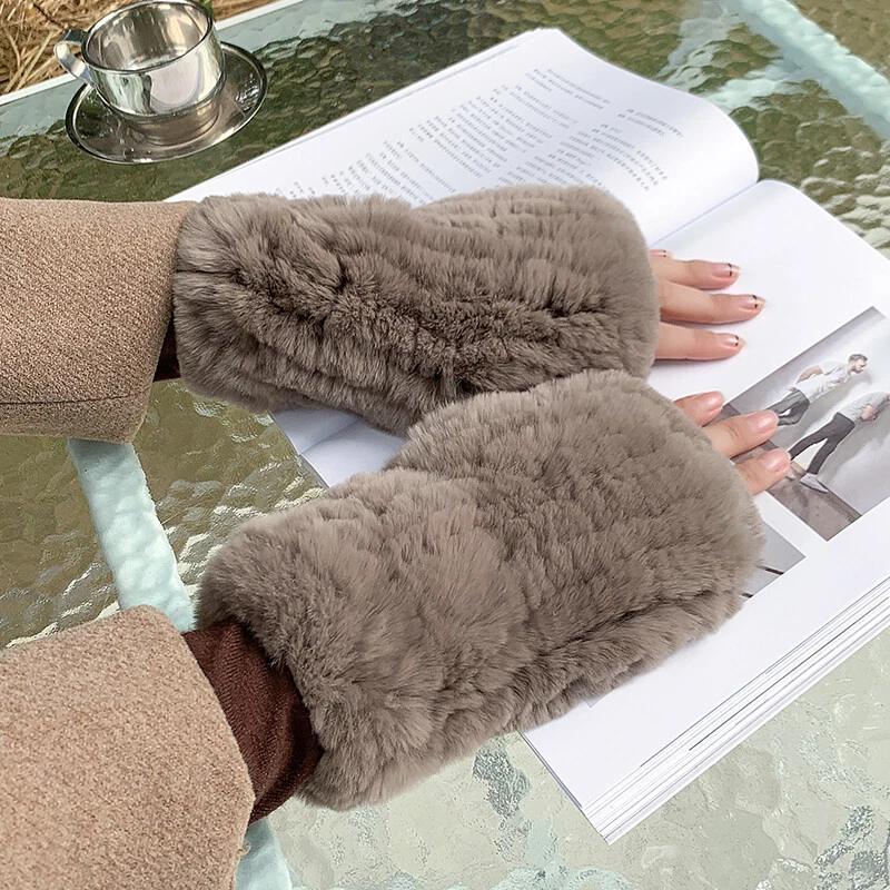Real Rabbit Fur Gloves Fingerless Knitted Women's Gloves Warm Wrist Mittens Gift - Image 4 of 4