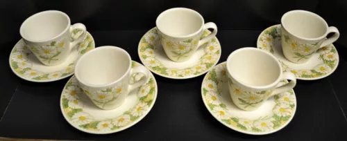 5 Tall Cups & Saucers Metlox Poppytrail Sculptured Daisy Vintage 70s
