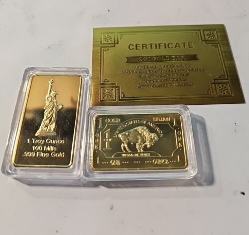 2x USA Bars 1OZ Gold Buffalo Bullion Bar .999 24k and Liberty 100 Mill - Picture 1 of 2