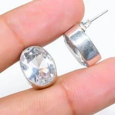 White Topaz Gemstone Handmade 925 Sterling Silver Jewelry Earring Size 1"
