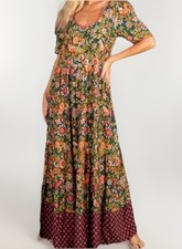 Natural Life Maxi Dress XS Green Pink Floral Birds Boho Tiered Tropical Festival