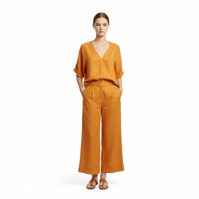 Cris Barros Mustard/Yellow Matching 2 PC Wide Leg Pant V Neck Top Size 36 Small