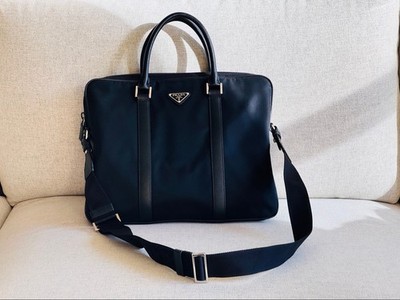 Prada Black Tessuto Nylon Briefcase Saffiano Trim Laptop Shoulder Bag