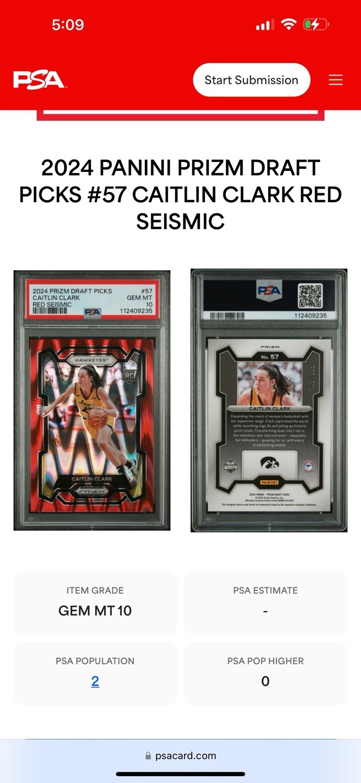 2024 Panini Prizm Draft Picks Caitlin Clark #57 Red Seismic Prizm /225 (RC)