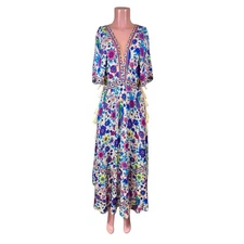 NWT R. Vivimos Women's V-Neck Short Sleeves Cinch Waist Midi Dress Floral Sz S