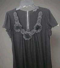 Twenty One Top Women's M Black Applied Roses Bubble Hem Sleeves Whimsigoth Fairy