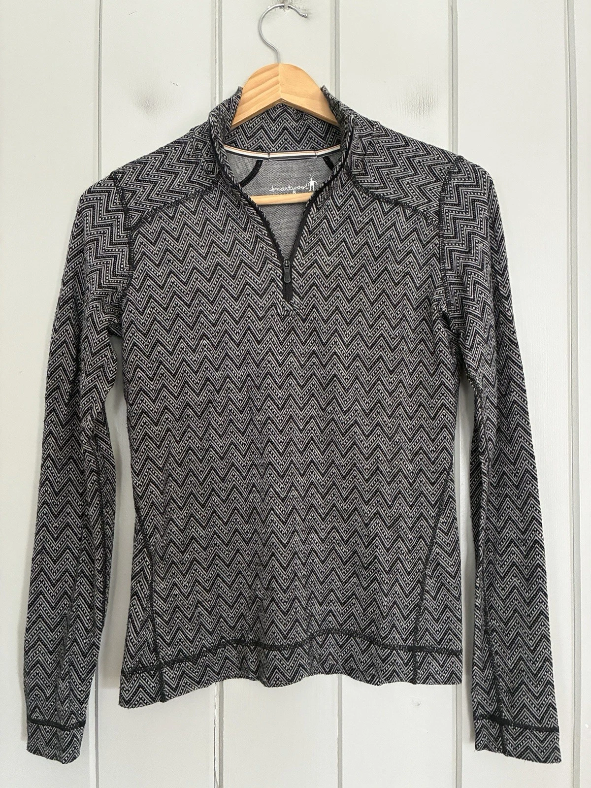 Smartwool Merino Wool Baselayer Top S Small 1/4 Zip Long Sleeve Black White