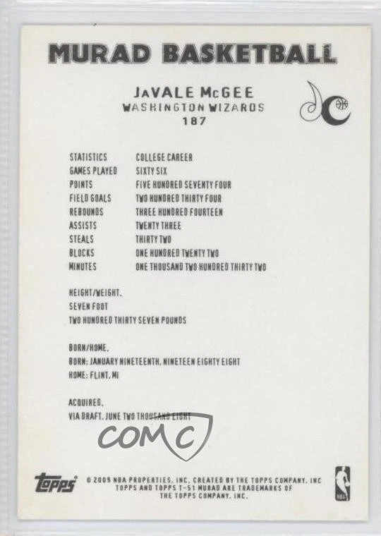 2008-09 Topps T-51 Murad JaVale McGee #187 Rookie RC - Image 2 of 2