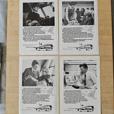 4x Delta Airlines 1977 Vintage Werbung Anzeige Reklame Ad Advert yellowed