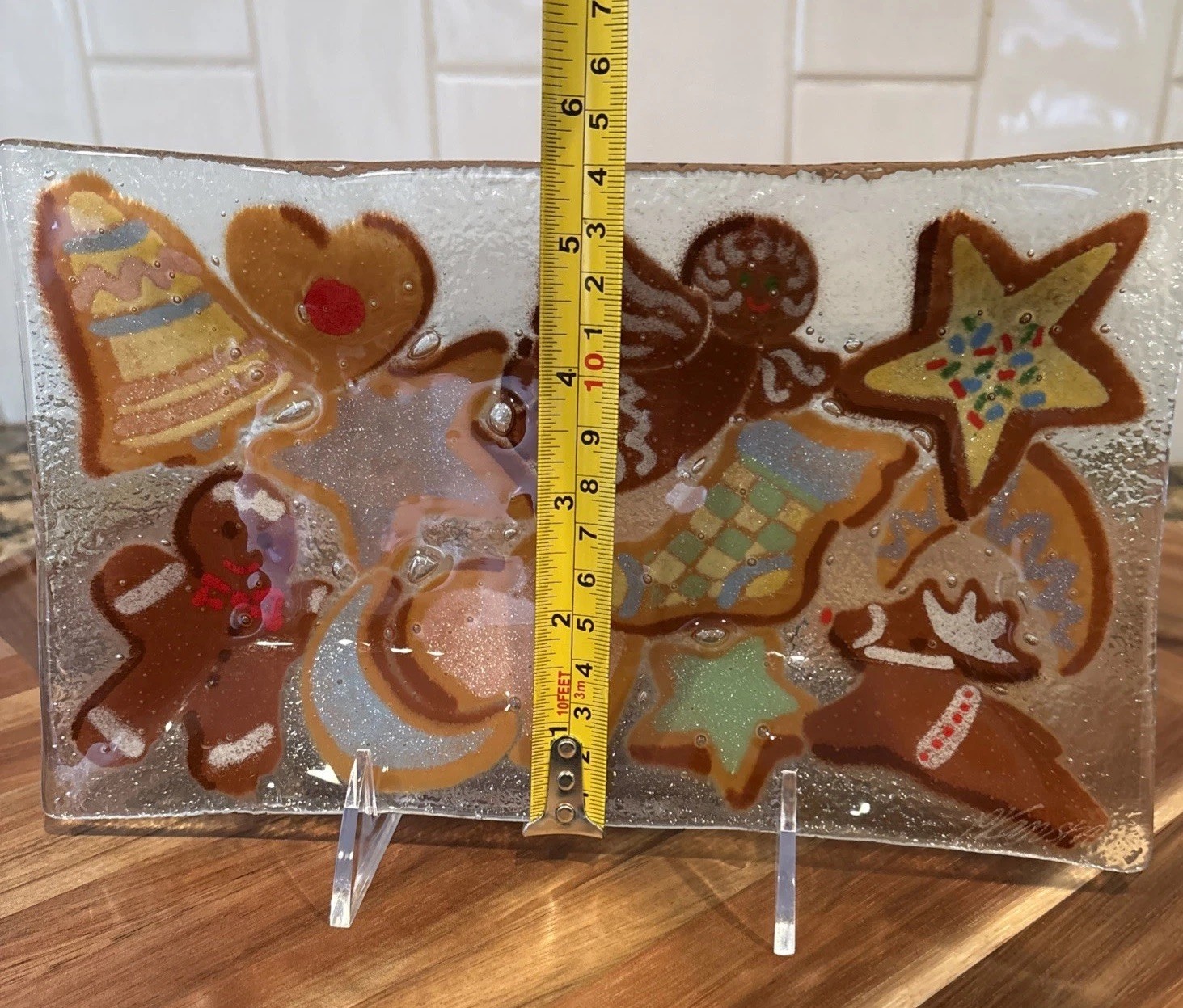 Peggy Karr Fused Glass Christmas Holiday Cookies Gingerbread Tray Plate 5.5x10”