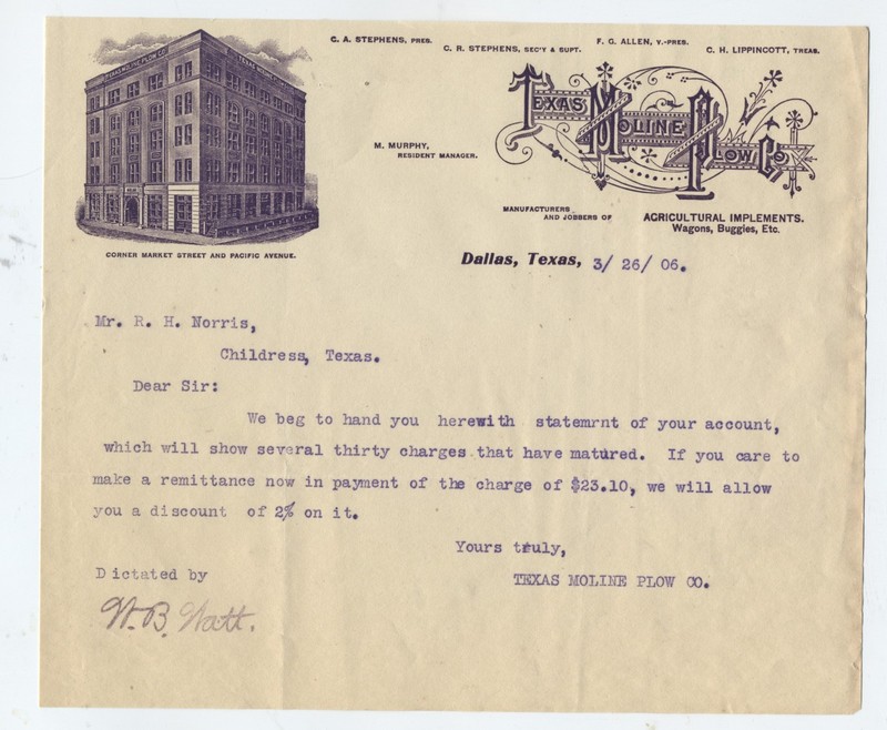 GRAPHIC 1906 (DALLAS) TEXAS MOLINE PLOW CO. LETTERHEAD , BRANCH OF MOLINE PLOW